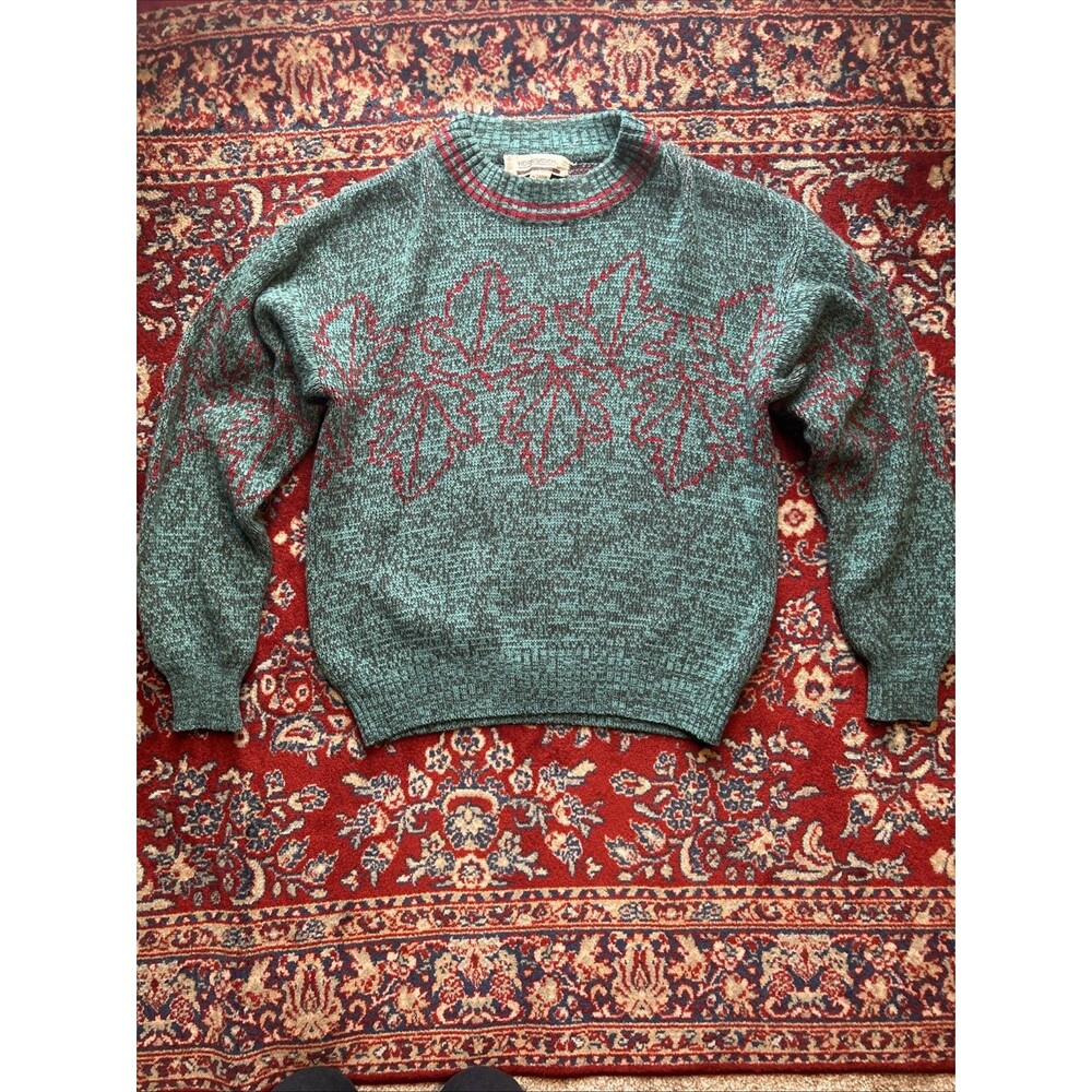 VINTAGE Horseradish Sweater Men Medium Green Abstract Crew Neck Grandpa 90s
